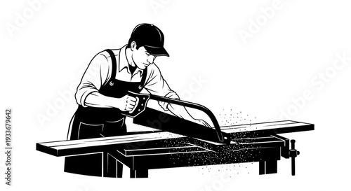 Carpenter Cutting Wood Board with Hand Saw