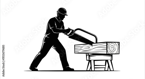 Carpenter cutting wood beam with saw on sawhorses
