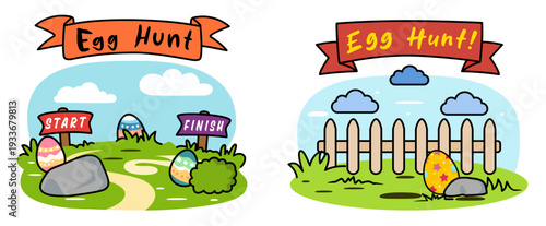 Colorful illustrations depict Easter egg hunt scene with signs indicating Start and Finish. vibrant landscape features decorated eggs, winding path, and playful atmosphere, perfect for celebrating