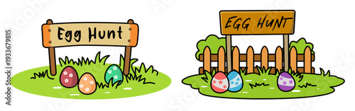 Colorful signs indicate exciting egg hunt with vibrant eggs nestled in lush green grass. This festive scene captures joy and anticipation of finding hidden treasures during Easter celebrations