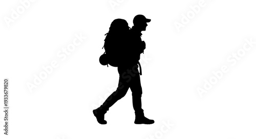 Silhouette hiker with backpack walking on white background