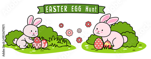 Easter egg hunt brings joy as playful bunnies search for colorful eggs hidden among vibrant flowers and lush greenery creating delightful springtime scene