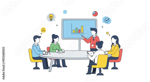 Business meeting with presentation chart on screen, team planning