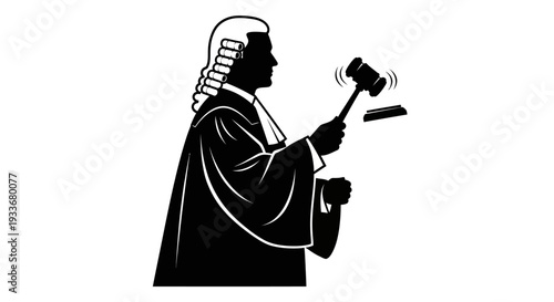 Judge in silhouette with gavel, isolated on white background