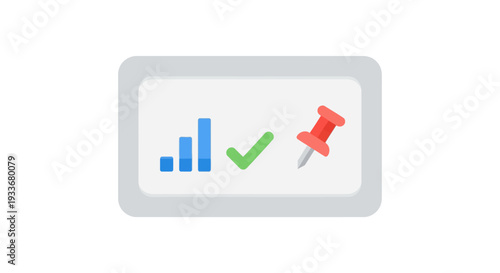 Business analytics graph, checkmark and pushpin on white background