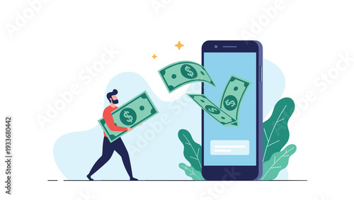 Man carrying a giant green banknote towards a large smartphone where other money notes are flying into a digital app.