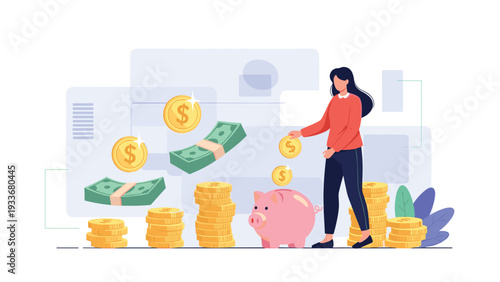 Personal savings plan shows a woman putting coins into a piggy bank surrounded by money stacks and bank notes.