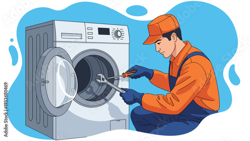 Certified repairman fixes a front loading washing machine using professional hand tools in a home laundry room.