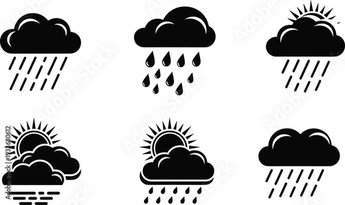 Black and Blue Weather Icon Set Featuring Rain Clouds Sun and Fog Elements for Meteorological Forecast Mobile App Interface Design