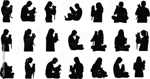 Large collection of black silhouettes featuring people sitting and standing while hugging their pet cats isolated on white background vector