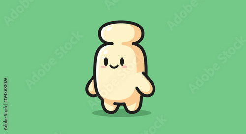 A small cartoon character with a smiling face and hat standing on a green surface viewed from the front directly.