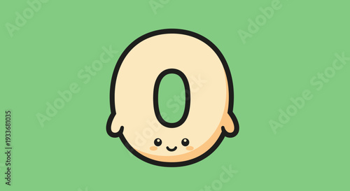 A cartoon donut character with a smiling face on a green background illustration viewed directly