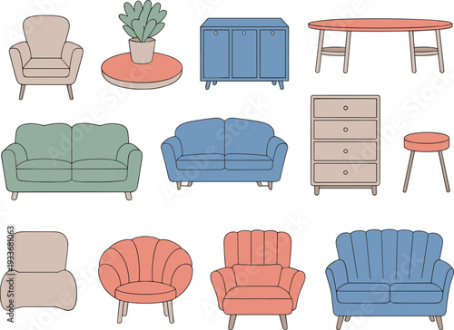 Modern pastel furniture collection featuring sofas, armchairs, cabinet, table, plant, and stool for stylish home interior vector illustration