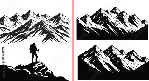 Lone Hiker Silhouette Standing on Mountain Peak at Sunset with Majestic Snow Capped Ridge Background for Outdoor Adventure and Wilderness Travel