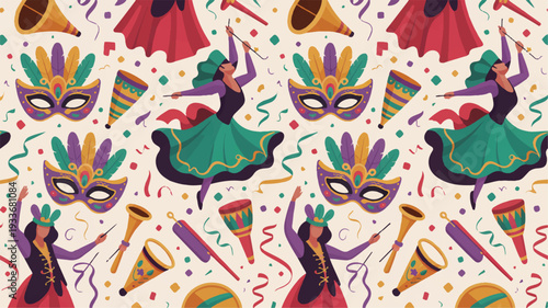 Cartoon easter bunny holds basket with colorful eggs on green grass with flowers and happy easter day text