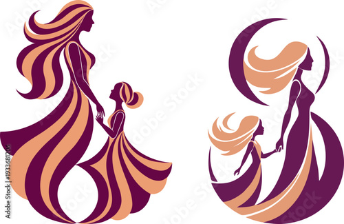 Women's Day Stylized Vector Art Featuring Mother and Daughter Silhouettes with Flowing Shapes