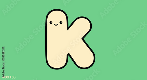 A cheerful cartoon letter K with a smiling face on a green background illustration viewed directly