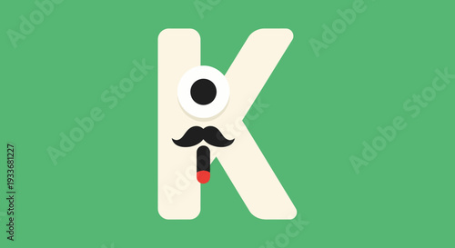 Stylized letter K with mustache and monocle on green background illustration viewed frontally