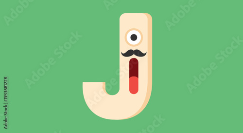 A cartoon letter J with a mustache and eyeball on a green background viewed straight on