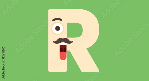 A cartoon letter R with a face, mustache, and tongue, on a green background, close-up view