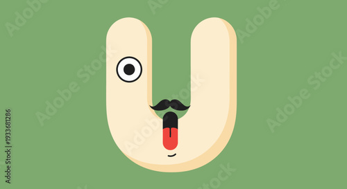 A cartoon illustration of a face wearing a mustache with an eyeball and red tongue visible in a minimalist style from a straightforward viewpoint