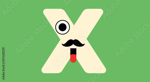 A stylized letter X with mustache and tongue out, vector illustration artwork on green