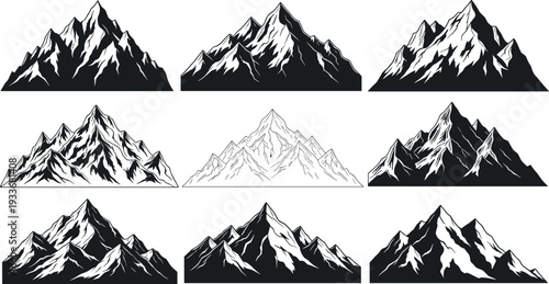 Set of nine black mountain peak silhouettes with blue outlines isolated on white for nature adventure travel and outdoor hiking designs