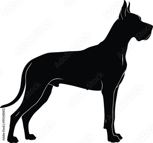 Black silhouette of a Great Dane dog standing in profile with blue outlines isolated on white background for pet design