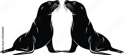  Mirrored black silhouette of two sea lions or seals facing each other isolated on white background for marine life conservation designt