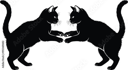 Two black cats silhouette mirrored symmetrical design with blue outlines isolated on white for Halloween decor pet lover and feline graphics