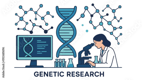 Genetic research scientist working with DNA sequence on computer and microscope