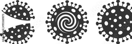 Three black and white virus with different patterns and a split virus model dots