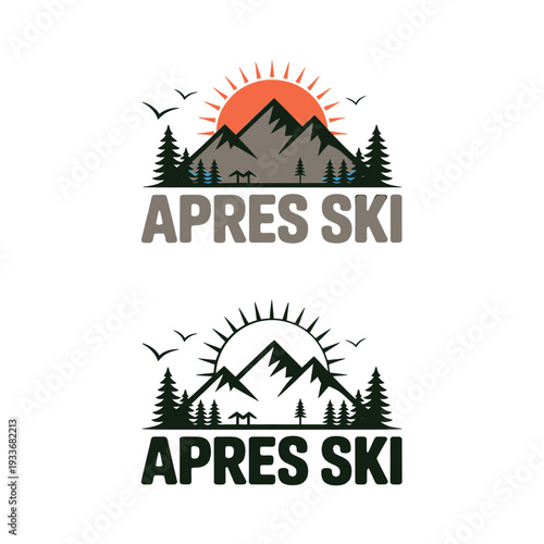 Apr s ski logo featuring mountains sun birds and pine trees