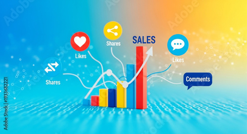 Digital marketing sales growth chart with social media icons.