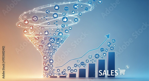 Sales funnel graphic with data visualization and growth chart.