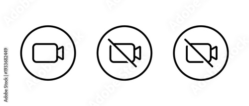 Camera and no video icon in circular outline. Webcam and recording restriction symbol