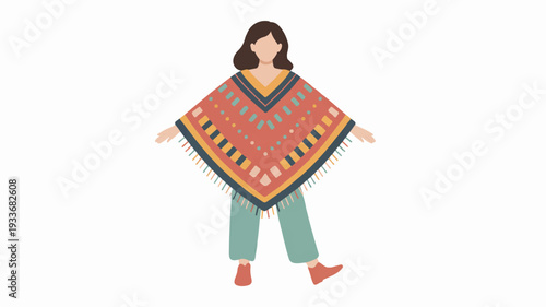 Woman wearing colorful poncho and green pants standing with arms outstretched in vibrant outfit