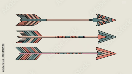 Vibrant arrows with colorful feathers and pointed tips on a beige background symbolizing direction and movement