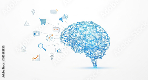Abstract digital brain with flowing icons representing data and ideas.