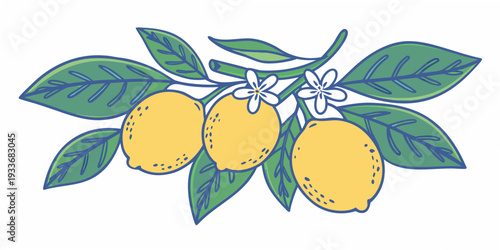 A vibrant illustration depicting lemons with leaves and delicate blossoms