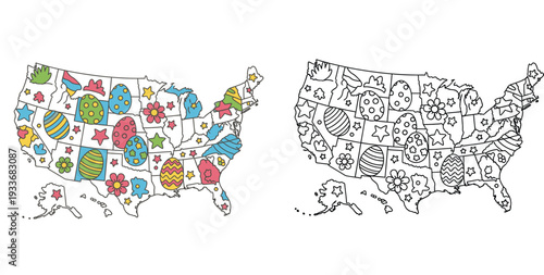 United States map decorated with Easter eggs and stars. Colored and outline coloring page vector illustration.