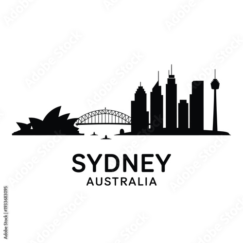 Sydney skyline silhouette with iconic landmarks and city name typography