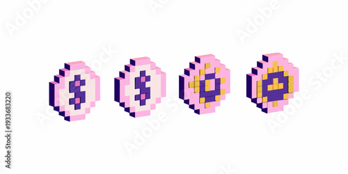 Isometric pixel art coins with dollar signs and geometric patterns