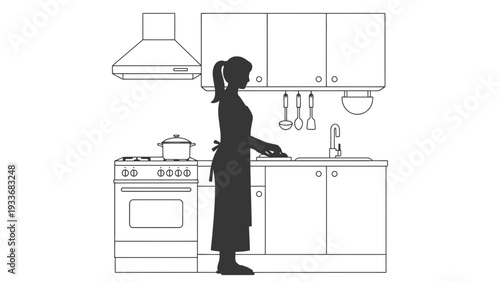 Woman kitchen silhouette standing in front of yellow cabinets and sink