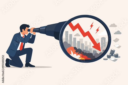 Businessman looking through telescope at stock market crash and economic crisis forecast, vision of future financial downfall, recession risk, bear market analysis, and global money loss concept