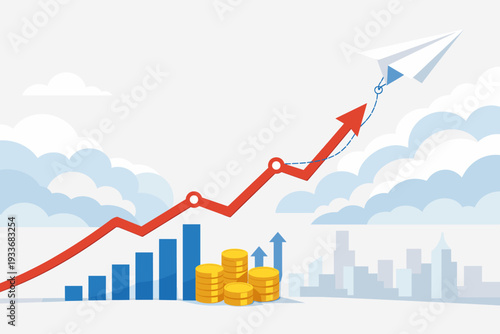 Business growth and financial success concept featuring a paper plane pulling a rising red arrow graph over stacks of gold coins and bar charts against a city skyline and clouds background.