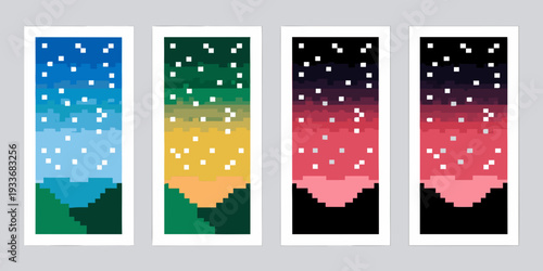 Four abstract pixelated panels depicting gradient color transitions