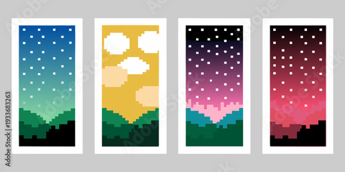 Four pixelated vertical panels depicting different atmospheric scenes