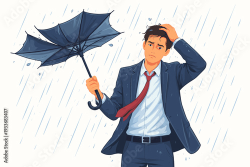 Frustrated Businessman in a Suit Holding a Broken Umbrella During a Heavy Rainstorm, Concept of Failure, Bad Luck, Useless Effort, and Facing Unexpected Challenges or Difficulties in Business