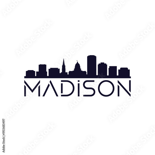 Madison city skyline silhouette with bold text design below